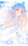  1girl absurdres bare_shoulders commentary dress earrings elf english_commentary flower frieren green_eyes hand_on_own_chest head_wreath highres jewelry lying nemophila_(flower) petals pointy_ears shenqi_de_(9) solo sousou_no_frieren sundress sunlight white_background white_hair 