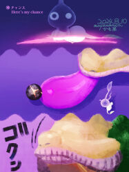  bilingual bomb_rock colored_skin commentary_request creature creature_focus dated emperor_bulblax english_text ghost glow_pikmin holding holding_creature maykamonin mixed-language_text motion_lines multiple_views no_humans no_mouth nostrils pikmin_(creature) pikmin_(series) pink_lips shadow short_tail signature sound_effects tail thick_lips white_pikmin white_skin x-ray 