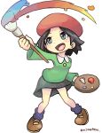  1girl adeleine beret black_hair brown_footwear commentary_request full_body hat highres holding holding_paintbrush kirby_(series) kirby_64 looking_up onimotsu_matarou open_mouth paintbrush palette_(object) red_headwear short_hair signature simple_background skirt smile solo white_background 