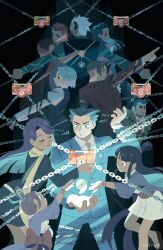  4boys 6+girls ace_attorney black_hair blue_eyes blue_hair bow camera capcom chain chained collared_shirt cousins dahlia_hawthorne dick_gumshoe facial_hair formal_clothes franziska_von_karma grey_hair hans_tseng highres holding iris_(ace_attorney) jacket japanese_clothes jewelry kimono long_hair long_sleeves maya_fey mia_fey miles_edgeworth multiple_boys multiple_girls necklace necktie pants pearl_fey phoenix_wright phoenix_wright:_ace_attorney phoenix_wright:_ace_attorney_-_justice_for_all phoenix_wright:_ace_attorney_-_trials_and_tribulations psyche-lock psychic scarf shirt short_hair siblings sisters smile spirit suit vest white_hair white_shirt 