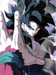 1boy black_hair body_fur broken_glass cracked cracked_glass dragon_ball dragon_ball_gt glass highres long_hair mirror muscular muscular_male pato007711 red_fur reflection shattered son_goku super_saiyan super_saiyan_4 topless_male upper_body yellow_eyes