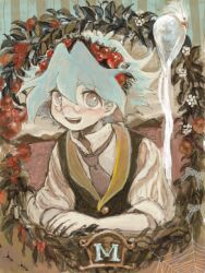  1boy bird black_vest blue_hair brown_necktie fingernails glasses grey_eyes hair_between_eyes looking_at_viewer male_focus marufuji_sho moiko necktie open_mouth parrot puffy_sleeves shirt short_hair silk solo spider_web striped_background upper_body vest white_bird white_shirt yu-gi-oh! yu-gi-oh!_gx 