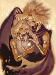  2boys armlet cape chain chain_necklace closed_mouth cropped_torso dark-skinned_male dark_skin facial_mark jewelry long_sleeves male_focus marik_ishtar moiko multiple_boys necklace purple_cape purple_shirt shared_cape shared_clothes shirt third_eye violet_eyes white_hair yami_marik yu-gi-oh! yu-gi-oh!_duel_monsters 