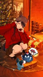  1girl absurdres alternate_costume animal_hat asymmetrical_horns black_hair black_skirt box chattino_(raora_panthera) christmas_ornaments christmas_tree claw_pose commentary demon_horns fur_hat gift gift_box hair_over_shoulder half-closed_eyes hat head_tilt highres hololive hololive_english horns indoors jailbird_(nerissa_ravencroft) leg_warmers lips loafers long_sleeves looking_at_viewer mini_snowman mole mole_under_eye nerissa_ravencroft pleated_skirt red_eyes red_sweater shoes skirt sleeves_past_wrists slit_pupils smile solo squatting suitcase sweater swept_bangs thekaiyip virtual_youtuber white_leg_warmers 