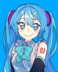  1girl arms_at_sides black_sleeves blue_background blue_bow blue_bowtie blue_eyes blue_hair blush bow bowtie breasts closed_mouth collared_shirt commentary_request detached_sleeves frilled_shirt frills hair_between_eyes hair_intakes hair_ornament hatsune_miku long_hair long_sleeves looking_at_viewer number_tattoo raised_eyebrows shirt sidelocks sleeveless sleeveless_shirt small_breasts smile solo tattoo tomatomari twintails upper_body vocaloid white_shirt 