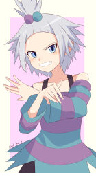  1girl blue_eyes blue_shirt blush freckles hair_bobbles hair_ornament highres kulfae_(solfa0419) pokemon pokemon_bw2 purple_shirt roxie_(pokemon) shirt short_hair smile solo striped_clothes striped_shirt teeth topknot two-tone_shirt v-shaped_eyebrows white_hair 