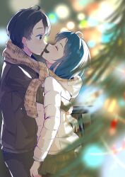  1boy 1girl absurdres ahoge blue_eyes brown_coat brown_eyes brown_scarf brown_skirt christmas_lights christmas_tree closed_eyes closed_mouth coat cowboy_shot from_side hetero highres hug k2s make_heroine_ga_oo_sugiru! medium_hair nukumizu_kazuhiko open_mouth pleated_skirt profile scarf shared_clothes shared_scarf short_hair skirt white_coat winter_clothes winter_coat yanami_anna 