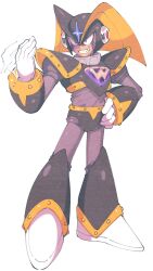  1boy android armor bass_(mega_man) black_armor black_helmet blue_gemstone chest_jewel facial_mark forehead_jewel full_body gem gloves grin hand_on_own_hip hand_up helmet highres inkerton-kun looking_at_viewer male_focus mark_under_both_eyes mega_man_(classic) mega_man_(series) multicolored_armor purple_gemstone red_eyes robot sharp_teeth shoulder_armor simple_background single_letter smile solo standing taunting teeth v-shaped_eyes white_background white_gloves yellow_armor yellow_helmet 