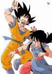  1boy 1girl black_hair blue_footwear blue_robe blue_shirt blue_wristband boots character_request chinese_clothes dragon_ball dragon_ball_z highres jumpsuit kakeru_(dbskakeru) open_mouth orange_jumpsuit pants red_pants red_wristband robe shirt simple_background sleeveless son_goku teeth toriyama_akira_(style) white_background 