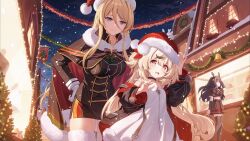  3girls absurdres antlers azur_lane bell bismarck_(azur_lane) black_cape black_choker black_footwear black_hair blonde_hair blue_eyes boots cape choker christmas christmas_tree closed_mouth dress fake_antlers gloves hair_bell hair_ornament hand_on_own_hip hat highres horns long_bangs military_uniform multicolored_hair multiple_girls night night_sky official_art open_mouth outdoors red_eyes reindeer_antlers santa_hat sky smile snow streaked_hair white_dress white_gloves z11_(azur_lane) z9_(azur_lane) 