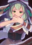  1girl @_@ absurdres bow closed_mouth dress frilled_bow frilled_ribbon frills front_ponytail green_eyes green_hair hair_bow hair_ribbon highres housulu kagiyama_hina long_hair looking_at_viewer red_bow red_dress red_ribbon ribbon short_sleeves solo touhou upper_body 