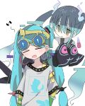  2girls arms_at_sides black_sleeves black_thighhighs blue-tinted_eyewear blue_hair blush closed_eyes detached_arm detached_sleeves earrings eyewear_on_head facing_viewer floating ghost_miku_(project_voltage) glitch gradient_hair green_eyes grey_shirt hair_between_eyes hatsune_miku highres hoop_earrings jewelry long_hair looking_at_another multicolored_hair multiple_girls musical_note normal_miku_(project_voltage) open_mouth pale_skin pokemon print_shirt print_sleeves project_voltage sameno_(dona2oisii) shirt simple_background sleeves_past_fingers sleeves_past_wrists smile sunglasses thigh-highs tinted_eyewear twintails upper_body very_long_hair vocaloid white_background white_hair white_shirt will-o&#039;-the-wisp_(mythology) yellow-framed_eyewear 