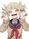  1girl absurdres bags_under_eyes blonde_hair blue_sailor_collar blunt_bangs boku_no_hero_academia cardigan double_bun fangs gazacy_(dai) hair_bun hands_up highres looking_at_viewer messy_hair neckerchief open_mouth sailor_collar slit_pupils solo toga_himiko yellow_cardigan yellow_eyes yellow_neckerchief 