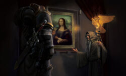  2boys adeptus_astartes alex_cristi aquila_(symbol) armor bald bird dark death_guard eagle glowing_bird glowing_staff grey_hair highres holding holding_staff hood imperial_aquila malcador_the_sigillite mona_lisa multiple_boys museum nathaniel_garro neck_corset old painting_(object) pointing power_armor robe skull_ornament staff sword sword_on_back two-headed_eagle warhammer_40k weapon weapon_on_back 