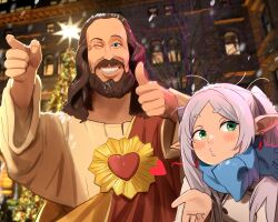  1boy 1girl ;d absurdres beard buddy_christ dogma_(movie) earrings elf facial_hair frieren green_eyes grin heart highres jesus jewelry khyle. long_hair looking_at_viewer messy_hair one_eye_closed parted_bangs pointy_ears scarf smile sousou_no_frieren the_bible twintails white_hair 