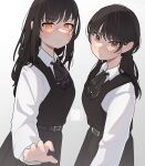  2girls belt black_hair black_ribbon blush brown_eyes chainsaw_man closed_mouth collared_shirt cross_scar dress dual_persona english_commentary fourth_east_high_school_uniform gradient_background highres jacequilart long_hair looking_at_viewer low_twintails mitaka_asa multiple_girls neck_ribbon parted_lips pinafore_dress reaching reaching_towards_viewer ribbon ringed_eyes scar scar_on_cheek scar_on_face school_uniform shaded_face shirt sleeveless sleeveless_dress sweatdrop twintails white_shirt yellow_eyes yoru_(chainsaw_man) 