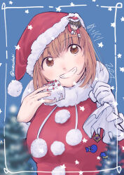  1boy 1girl 2024 absurdres blue_background box brown_eyes brown_hair cake christmas commentary_request cursive food food_on_face fur_trim giant giantess gift gift_bag gift_box gloves grin hat highres holding holding_cake holding_food holding_sack in_hat long_sleeves merry_christmas on_head original person_on_head pom_pom_(clothes) sack sack_behind_back santa_costume santa_hat signature single_glove size_difference smile twitter_username umaohagi upper_body white_gloves 