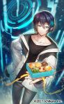  1boy aqua_hair black_hair black_shirt box collarbone copyright cowboy_shot ear_piercing food green_eyes grey_pants hair_between_eyes hand_on_own_hip holding holding_box holographic_interface hotaruika_niji incoming_gift jacket long_sleeves looking_at_viewer male_focus mayuzumi_kai mayuzumi_kai_(1st_costume) muffin multicolored_hair nijisanji official_art open_clothes open_jacket pants piercing ribbon shirt short_hair sleeves_past_fingers sleeves_past_wrists smile solo standing streaked_hair virtual_youtuber white_day white_jacket yellow_ribbon 