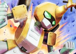  blue_background clenched_hands debris explosion flying green_eyes highres mecha mecha_focus medarot metabee no_humans no_mouth robot solo teikuu_hikou 