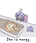  1girl black_sweater blue_eyes braid chibi dragoon_(selen_tatsuki) english_commentary english_text food hair_ornament head_wings heart heterochromia highres mei_(hiimeiree) nijisanji nijisanji_en open_mouth pizza pizza_box purple_hair selen_tatsuki selen_tatsuki_(1st_costume) simple_background sitting solo sweater twin_braids violet_eyes virtual_youtuber white_background wings 