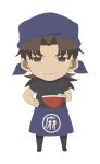  1boy apron black_footwear black_pants black_shirt blue_apron blue_headwear brown_eyes brown_hair chibi closed_mouth clothes_writing fate/kaleid_liner_prisma_illya fate_(series) full_body holding kotomine_kirei kotomine_kirei_(prisma_illya) long_hair looking_at_viewer male_focus pants shirt short_sleeves simple_background solo standing straight-on white_background 