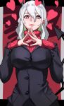  1girl black_jacket black_skirt blush demon demon_girl demon_horns demon_tail heart heart-shaped_pupils helltaker highres horns jacket long_hair looking_at_viewer modeus_(helltaker) muginomaru red_eyes red_sweater skirt sweater symbol-shaped_pupils tail white_hair 