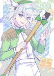  1boy :d alternate_costume bow character_name cowboy_shot danganronpa_(series) danganronpa_2:_goodbye_despair dress_shirt green_bow green_headwear green_jacket grey_hair hair_between_eyes hands_up highres jacket komaeda_nagito kusatakesi long_sleeves male_focus monokuma open_clothes open_jacket outline pants shirt short_hair smile solo sparkle striped striped_background teeth upper_teeth_only white_outline white_pants white_shirt wings 