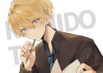  1boy absurdres black_shirt blonde_hair blue_eyes blue_necktie character_name hair_between_eyes highres holding holding_paper holding_pencil holostars kishido_temma looking_at_viewer male_focus mg_ytm necktie paper pencil shirt short_hair simple_background solo upper_body virtual_youtuber white_background 