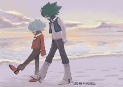  2boys beach black_pants blue_hair blue_vest boots clouds from_side glasses green_hair grey_sky jacket johan_andersen looking_at_another male_focus marufuji_sho moiko multiple_boys ocean open_mouth outdoors pants red_jacket shirt shore short_hair sky spiky_hair twitter_username vest walking white_footwear white_shirt yu-gi-oh! yu-gi-oh!_gx 