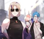  2boys black-framed_eyewear blonde_hair blue_hair blurry blurry_background expressionless food happy highres holding holding_food holding_ice_cream holding_phone holostars holostars_english ice_cream isal_(lasi) jacket jewelry looking_at_another looking_at_viewer magni_dezmond male_focus mole mole_under_mouth multiple_boys necklace open_mouth phone purple_jacket purple_nails regis_altare short_hair simple_background sleeveless sparkle spiked_ear_piercing sunglasses upper_body virtual_youtuber 