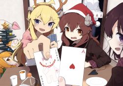  6+girls absurdres ace_(playing_card) antlers blonde_hair broken_horn brown_hair brown_sailor_collar brown_shirt card chiyoda_momo christmas curled_horns demon_girl demon_horns demon_tail fake_antlers grey_eyes hair_between_eyes hat highres hinatsuki_mikan hiro_eeee holding holding_card holding_phone horns joker_(playing_card) lilith_(machikado_mazoku) living_room looking_at_viewer machikado_mazoku multiple_girls orange_eyes orange_hair pajamas phone pink_pajamas playing playing_card pointy_ears pov reindeer_antlers sailor_collar santa_hat school_swimsuit shirt sitting swimsuit table tail violet_eyes wooden_table yoshida_ryouko yoshida_seiko yoshida_yuuko_(machikado_mazoku) 