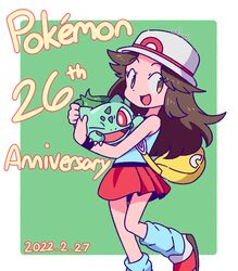  1girl anniversary bag black_wristband blue_leg_warmers blue_shirt border bright_pupils brown_eyes brown_hair bulbasaur claws copyright_name dated eyelashes green_background highres holding holding_pokemon leaf_(pokemon) leg_warmers long_hair nostrils one_eye_closed open_mouth pleated_skirt pokemon pokemon_(creature) pokemon_(game) pokemon_frlg red_eyes red_skirt shirt shoulder_bag signature skirt vs_seeker white_border white_headwear white_pupils yellow_bag yuki_oto 