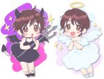  :d :o alternate_hairstyle angel angel_and_devil angel_wings black_dress black_footwear blush breasts brown_eyes brown_hair chibi demon_girl demon_horns demon_tail demon_wings dress dual_persona gradient_background halo highres holding_trident horns idolmaster idolmaster_cinderella_girls large_breasts machiko_(beard) oikawa_shizuku outline polearm short_hair smile sparkle tail trident two-tone_background weapon white_background white_dress white_footwear white_outline wings 