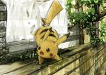  animal_focus brown_eyes claws curtains fluffy footprints highres musashi_no_mori no_humans open_mouth outdoors pikachu plant pokemon pokemon_(creature) rain reflective_floor solo wooden_floor yellow_fur 