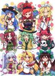  6+girls :/ :3 :d animal_ears beret black_bow black_headwear black_shirt blonde_hair blue_eyes blue_hair bow bowtie braid brown_hair cape cat_ears cat_tail closed_mouth clothes_writing commentary cup earth_(ornament) extra_ears green_bow green_eyes green_hair green_headwear grey_hair grey_wings grin hair_bow hat hat_ornament hat_ribbon hecatia_lapislazuli hinanawi_tenshi holding holding_cup holding_skull holding_sword holding_weapon hong_meiling horns hoshiguma_yuugi kaenbyou_rin kishin_sagume komeiji_koishi long_hair long_sleeves maid maid_headdress medium_hair moon_(ornament) multiple_girls multiple_tails oni_horns open_mouth peach_hat_ornament pointy_ears polos_crown rainbow_order red_bow red_bowtie red_eyes red_horns redhead reiuji_utsuho ribbon sakazuki shirt short_hair side_braids signature single_horn single_wing skull smile star_(symbol) star_hat_ornament starry_sky_print sword sword_of_hisou symbol-only_commentary tail theyoiy third_eye touhou touhou_(pc-98) twin_braids two_tails upper_body v-shaped_eyebrows violet_eyes weapon white_cape white_shirt wide_sleeves wings yellow_eyes yellow_ribbon yumeko_(touhou) 
