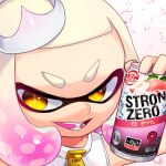  +_+ 1girl arm_up blunt_bangs can commentary_request crown dress energy_drink fangs food forehead fruit gradient_hair holding holding_can ibispaint_(medium) liquid looking_at_viewer medium_hair mini_crown multicolored_hair open_mouth oversized_zipper paripi_nasubi peach pearl_(splatoon) pink_hair round_teeth short_eyebrows sidelocks simple_background sleeveless sleeveless_dress smile solo splatoon_(series) splatoon_2 star-shaped_pupils star_(symbol) strong_zero symbol-shaped_pupils teeth tentacle_hair thick_eyebrows tilted_headwear tongue upper_body v-shaped_eyebrows white_background white_dress white_hair yellow_eyes zipper zipper_pull_tab 