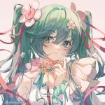  1girl artist_name closed_mouth commentary detached_sleeves flower frilled_sleeves frills green_eyes green_hair hair_flower hair_ornament hand_up hatsune_miku lixiang_guo_alice long_hair looking_at_viewer magical_mirai_(vocaloid) magical_mirai_miku magical_mirai_miku_(2021) shirt single_bare_shoulder sleeveless sleeveless_shirt solo symbol-only_commentary twintails upper_body vocaloid white_flower 