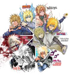  1boy absurdres bleach blonde_hair blood blood_from_mouth blue_eyes clenched_teeth closed_mouth death_note highres hitodama holding holding_weapon itou_junji_(style) jibaku_shounen_hanako-kun jojo_no_kimyou_na_bouken kokodrawings kuji-in kunai male_focus multiple_views namikaze_minato naruto_(series) naruto_shippuuden parody spiky_hair style_parody teeth tokyo_ghoul tongari_boushi_no_atelier weapon 