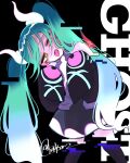  1girl bare_shoulders black_background black_skirt black_sleeves black_thighhighs blue_hair detached_legs detached_sleeves ghost_miku_(project_voltage) glitch gradient_hair grey_shirt hair_between_eyes hands_up hatsune_miku highres long_hair looking_at_viewer multicolored_hair nanitozo necktie pale_skin pokemon print_sleeves project_voltage see-through see-through_skirt shirt signature skirt sleeveless sleeveless_shirt sleeves_past_fingers sleeves_past_wrists solo standing thigh-highs tongue tongue_out twintails very_long_hair vocaloid white_hair white_necktie will-o&#039;-the-wisp_(mythology) yellow_eyes 