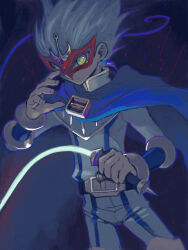  1boy belt blue_cape blue_theme cape closed_mouth eye_mask fingernails holding holding_whip jacket looking_at_viewer male_focus moiko okudaira_fuuya pants red_mask smile solo white_jacket white_pants yu-gi-oh! yu-gi-oh!_zexal 