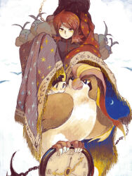  2boys analog_clock backwards_hat bird black_hat black_jacket blanket clock closed_mouth ethan_(pokemon) hat jacket looking_at_viewer male_focus moiko multiple_boys outdoors perching pidgeot pokemon pokemon_(creature) pokemon_gsc redhead silver_(pokemon) swablu yellow_hat 