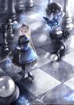  1girl alice_in_wonderland black_cat blonde_hair blue_eyes board_game bug butterfly cat checkered_floor chess chess_piece crown dress english_text hairband hane_segawa highres king_(chess) knight_(chess) lace long_sleeves original pawn_(chess) solo 