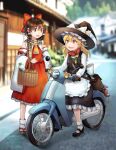  13_(spice!!) 2girls apron ascot basket black_vest blonde_hair bow braid brown_gloves detached_sleeves food frilled_bow frills gloves hair_between_eyes hair_tubes hakurei_reimu hat hat_bow highres holding holding_basket kirisame_marisa long_sleeves looking_at_another moped motor_vehicle multiple_girls open_mouth outdoors red_bow scarf single_braid touhou vest white_bow witch_hat yellow_ascot yellow_eyes 