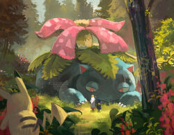  1boy bright_pupils claws coat commentary crossover forest full_body highres instagram_username kokodrawings light_particles lucario male_focus namikaze_minato naruto_(series) naruto_shippuuden nature nostrils outdoors pikachu pokemon pokemon_(creature) red_eyes size_difference tree tumblr_username twitter_username venusaur white_coat white_pupils 
