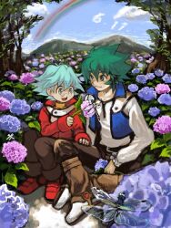  blue_hair bug closed_mouth dated day dragonfly flower glasses green_eyes green_hair hydrangea jacket johan_andersen male_focus marufuji_sho moiko open_mouth outdoors pants rainbow red_jacket short_hair yu-gi-oh! yu-gi-oh!_gx 