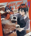  2boys alternate_costume anger_vein black_hair black_pants black_vest brown_eyes coffee coffee_cup cup danganronpa_(series) danganronpa_v3:_killing_harmony disposable_cup english_text flipped_hair hair_between_eyes highres holding_coffee_pot indoors male_focus multiple_boys nemari_(nemaru_0907) oma_kokichi pants paper red_shirt saihara_shuichi shirt short_hair sitting translation_request vest violet_eyes 