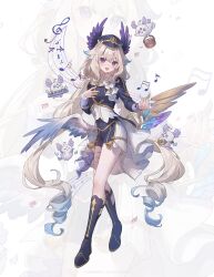  1girl absurdres aloupeep_(enna_alouette) alternate_costume aqua_nails az_(zero_glvimayhop) blonde_hair blush breasts chinese_commentary commission english_commentary enna_alouette falling_petals flower flower_basket full_body glowstick guitar hair_flower hair_ornament hand_on_own_chest hat head_wings highres instrument keyboard_(instrument) long_hair low_twintails low_wings mixed-language_commentary musical_note nijisanji nijisanji_en open_mouth peaked_cap penlight_(glowstick) petals shorts small_breasts staff_(music) twintails twitter_username very_long_hair violet_eyes virtual_youtuber wings zoom_layer 