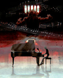  1boy character_name classicaloid commentary_request highres instrument long_sleeves ludwig_van_beethoven_(classicaloid) male_focus messy_hair multiple_views music musical_note piano playing_instrument playing_piano reflective_floor revol4357 short_hair sitting staff_(music) stool 
