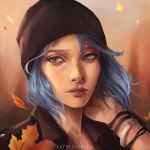  1girl artist_name astri_lohne_sjursen autumn beanie black_headwear black_shirt blue_eyes blue_hair bracelet chloe_price collared_shirt falling_leaves hat highres jewelry leaf life_is_strange looking_to_the_side maple_leaf portrait shirt short_hair solo 