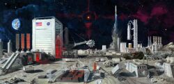  absurdres american_flag astronaut building highres hill logo mining moon motor_vehicle multiple_others nasa_logo no_humans original radiator scenery science_fiction shadow shipping_container sky solar_panel space star_(sky) starry_sky steel_beam sunlight truss unmanned_ground_vehicle whaleoil 